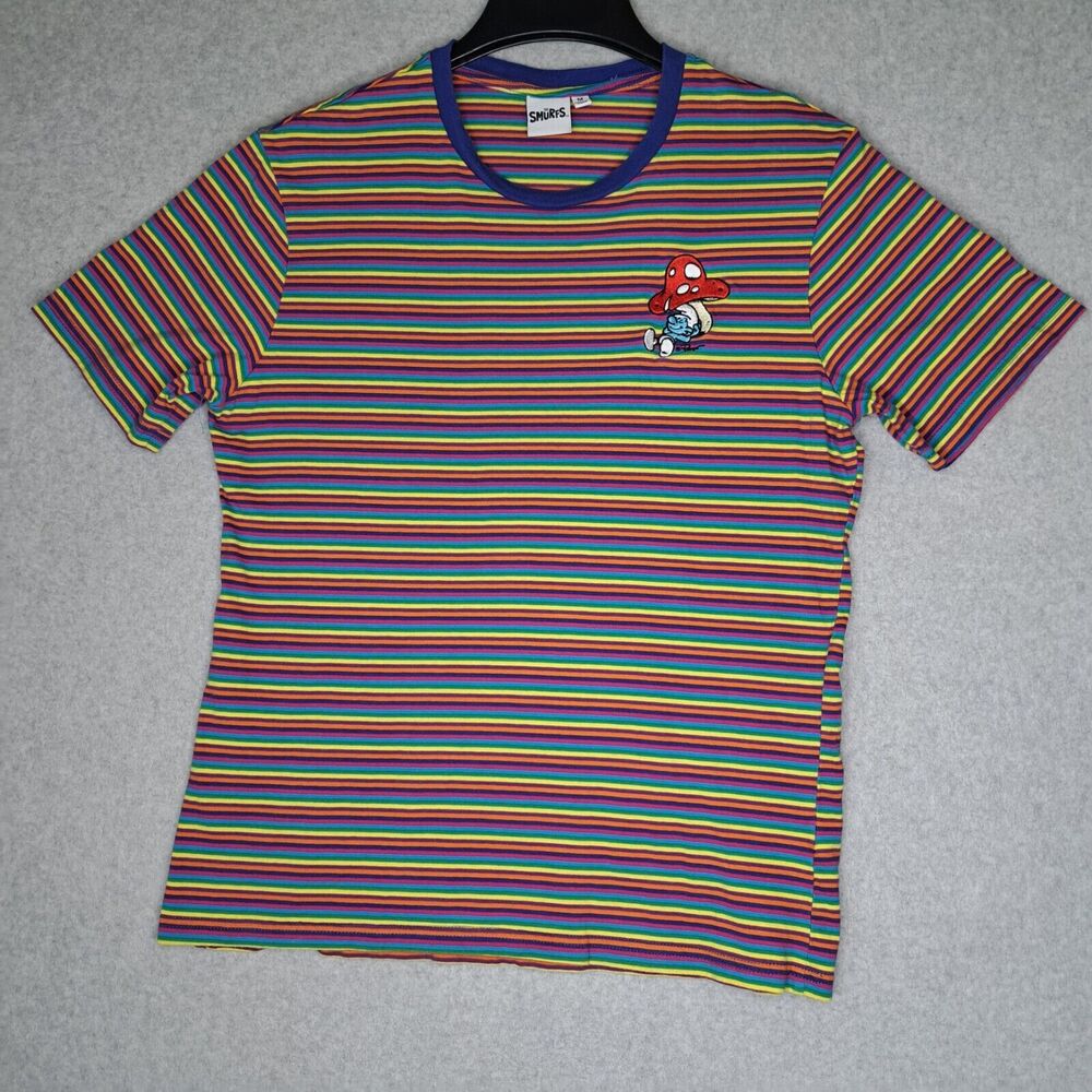 Smurfs Lazy Mushroom Fruit Striped Colorful T Shirt Medium Short Sleeve